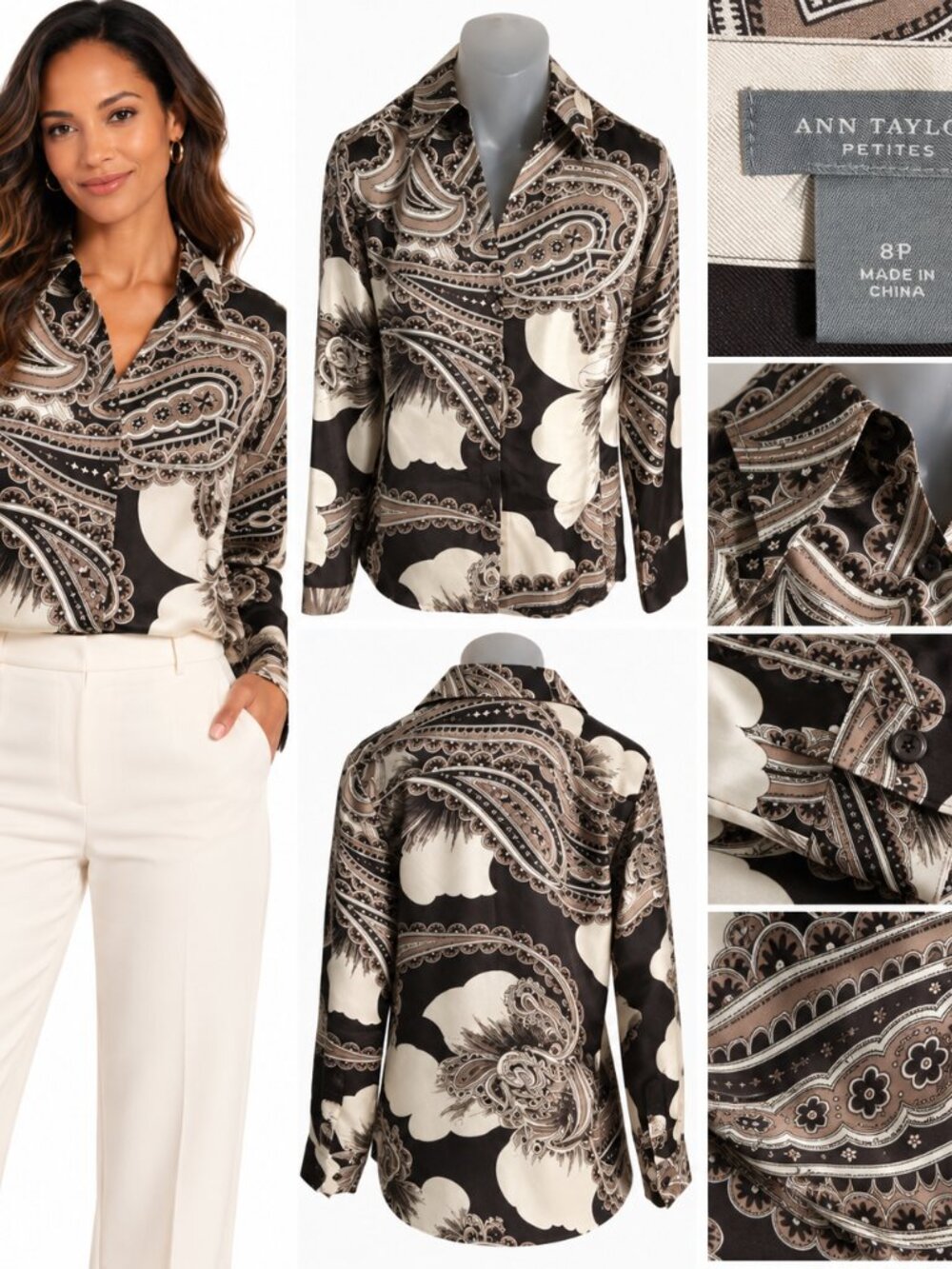 Ann Taylor Petites 100% Silk Paisley Blouse 8P Button Down Quiet Luxury Workwear